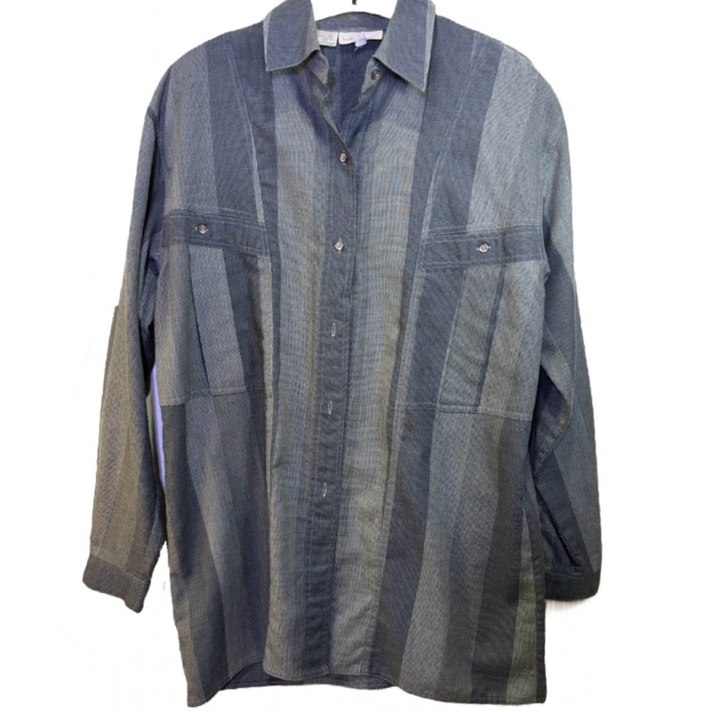Vintage Betty Hanson Gray Stripe Button Down Long Sleeve Blouse Size 12